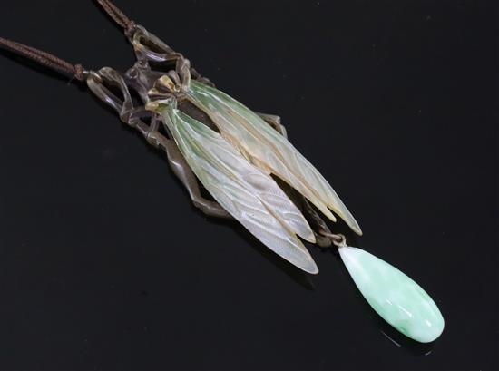 An early 20th century French? glass bead and carved horn cicada pendant necklace,